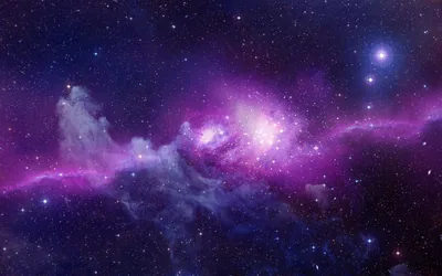 Soft lavender gas drifts along the lower half while one blue-white star blazes near the top right, the space between left mostly dark for a menu bar.