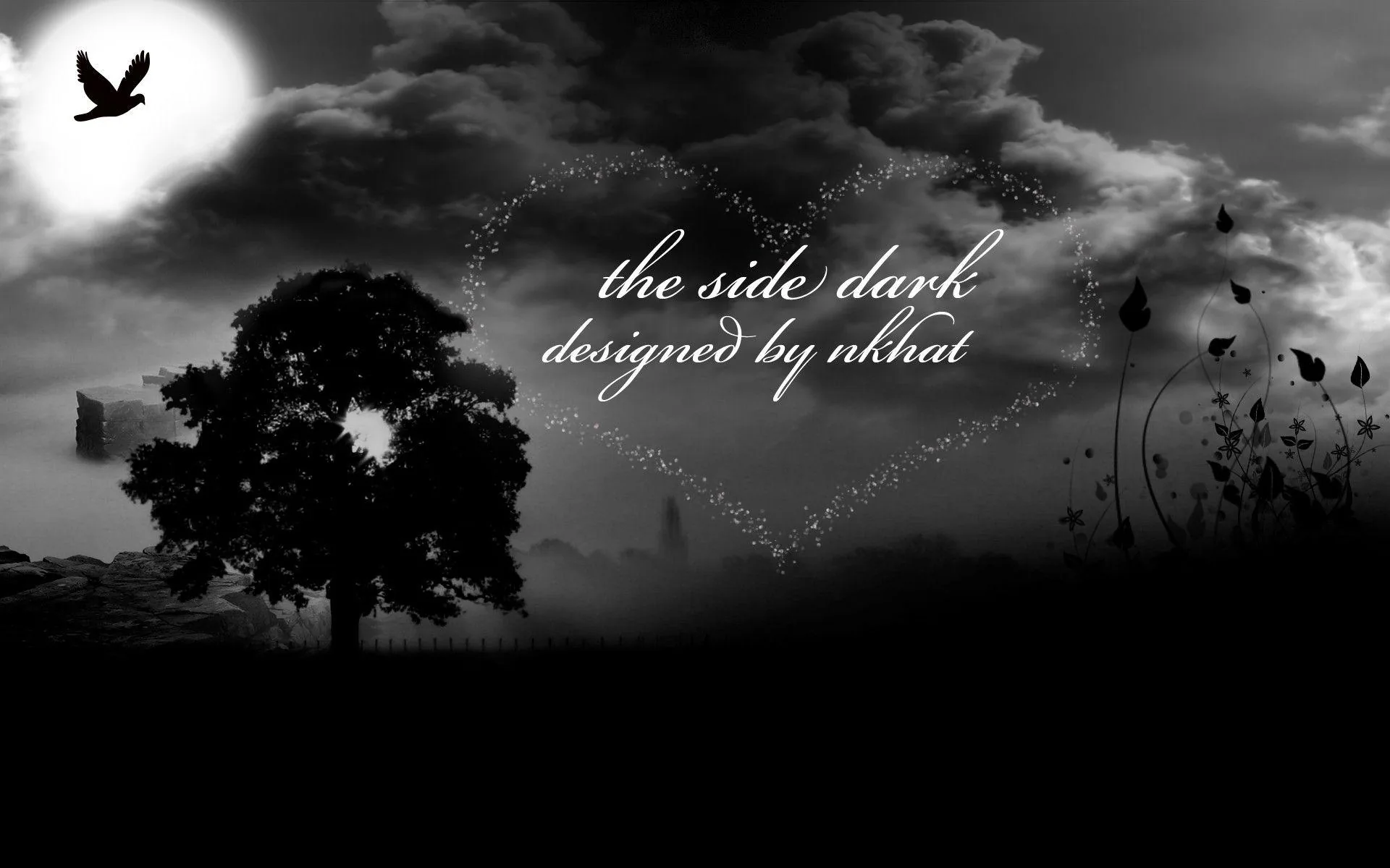 A bare tree stands against a moonlit bank of cloud, birds drifting off to the left and a line of cursive script laid across the middle of the dark sky.