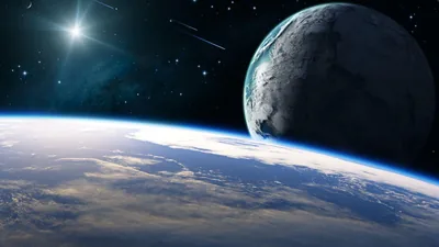A cratered grey moon hangs above Earth's cloud bands while meteors streak past a bright star at the upper left, keeping the light high in the frame.