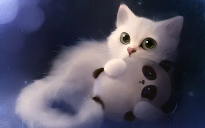 A green-eyed white cat curls around a panda plush on a deep blue bokeh field, the dark left edge staying calm enough for white icons.