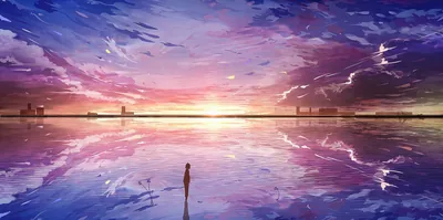 A tiny figure stands on water so still the pink and violet clouds mirror perfectly, the skyline reduced to a thin dark strip across the middle.
