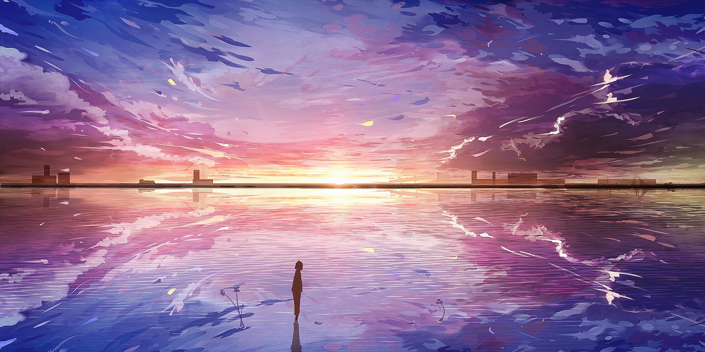A tiny figure stands on water so still the pink and violet clouds mirror perfectly, the skyline reduced to a thin dark strip across the middle.