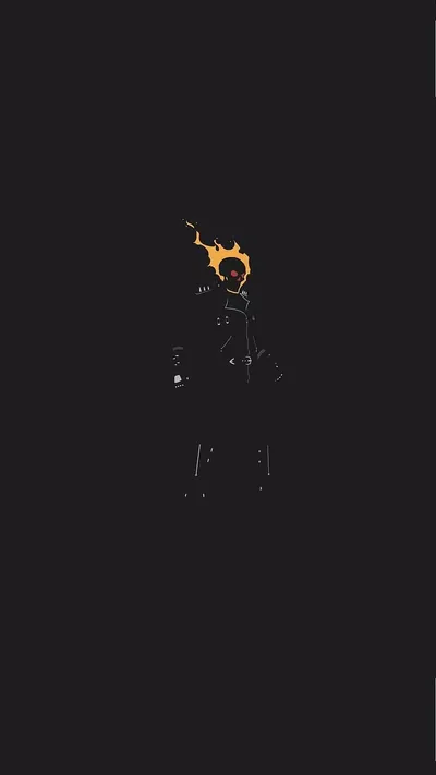 A tiny figure with a burning orange skull stands mid-frame, the flame the only colour anywhere, surrounded by deep black margins on every side.