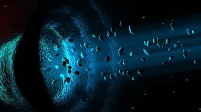 Dark fragments pour out of a glowing blue tunnel mouth on the left and scatter to the right, trailing faint teal light.