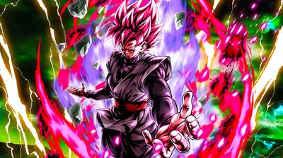 Super Saiyan Rosé stands at full power in bold comic linework, rose aura roaring off his shoulders while yellow lightning and green shards break apart both edges.