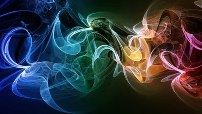 Ribbons of glowing smoke in blue, green, orange, and pink loop across a dark field, thinning at the top where a row of icons would sit.