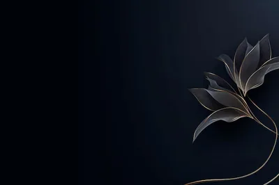 A single stem of dark petals edged in thin gold curls up from the lower right, leaving two thirds of the ink-blue frame empty for a desktop grid.