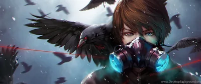 A boy in a glowing respirator crouches under black wings while crows scatter across a cold grey sky behind him.