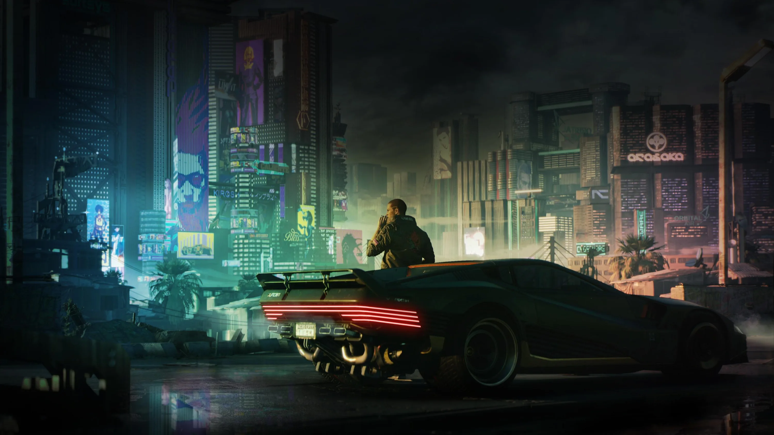 A merc leans at the tail of his black coupe, its red light bar the only warm glow against a green-lit skyline, the upper left sky dark for a clock.