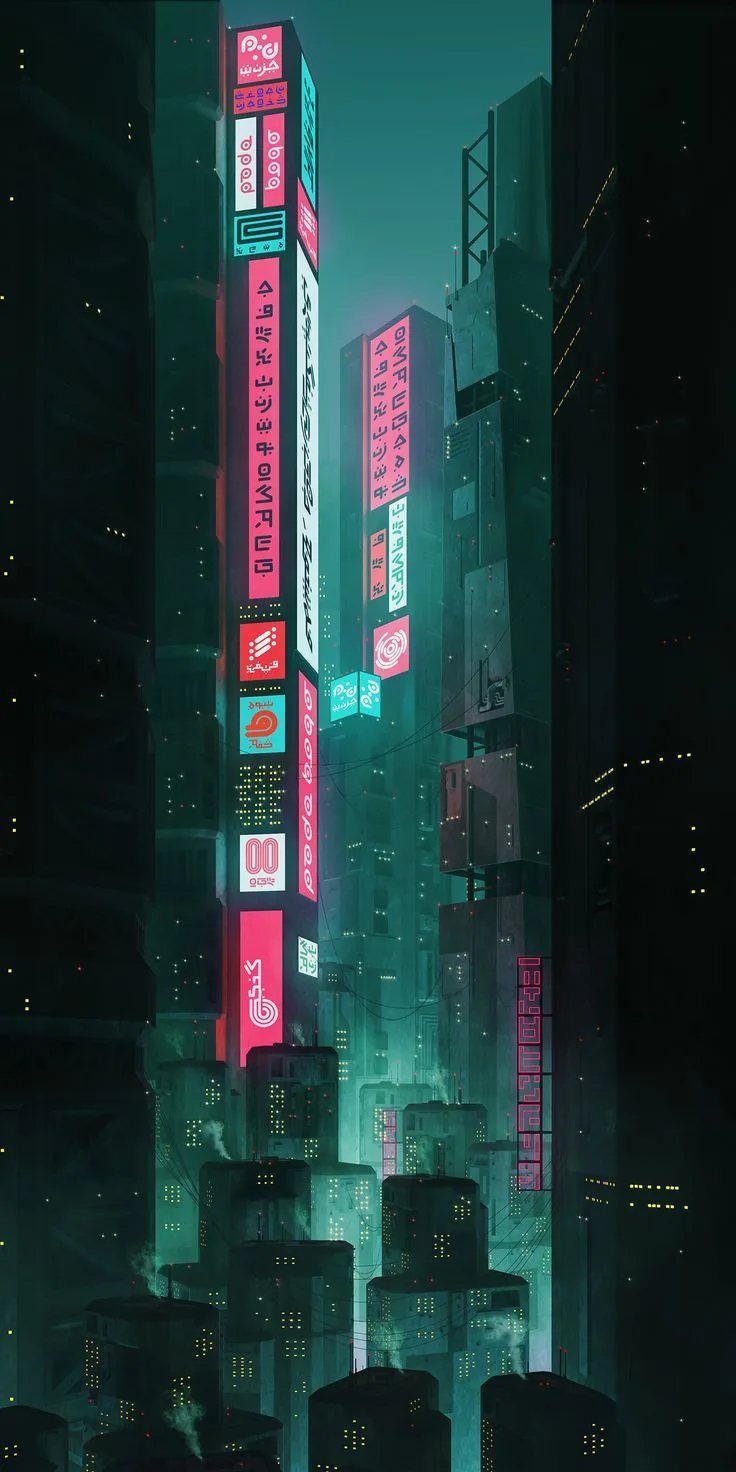 Pink banner signs run down the faces of mossy-green high-rises, the dark rooftops at bottom and dim sky at top framing the phone screen.