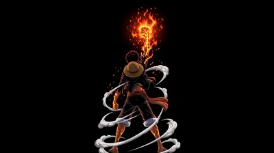 A straw-hatted figure stands mid-stance with fire rising off his head and white wind spirals wrapping his body, the surrounding field solid black.