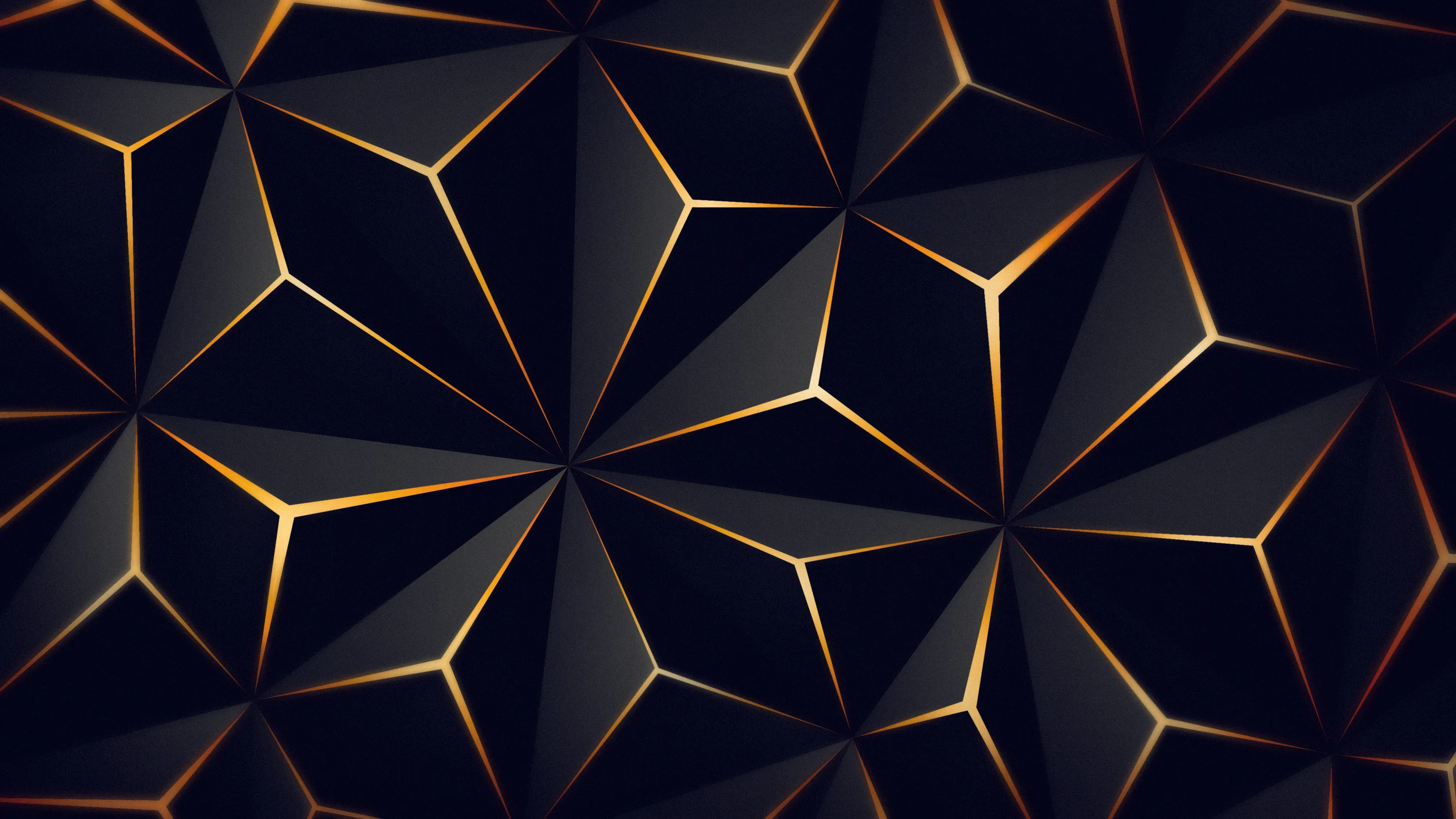 Faceted black triangles tile the whole frame, each seam picked out in thin gold so the low-poly pattern reads as ridges.