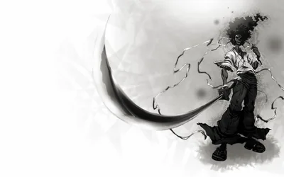 A samurai stands on plain white as a long black crescent sweeps past him, ink ribbons trailing off the blade's arc.