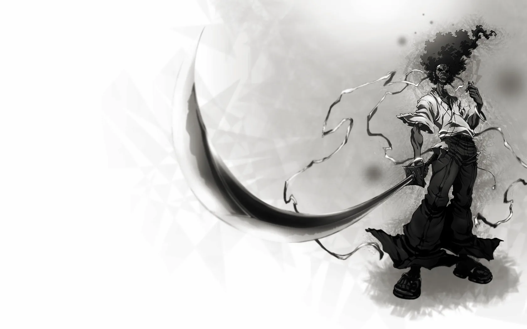 A samurai stands on plain white as a long black crescent sweeps past him, ink ribbons trailing off the blade's arc.