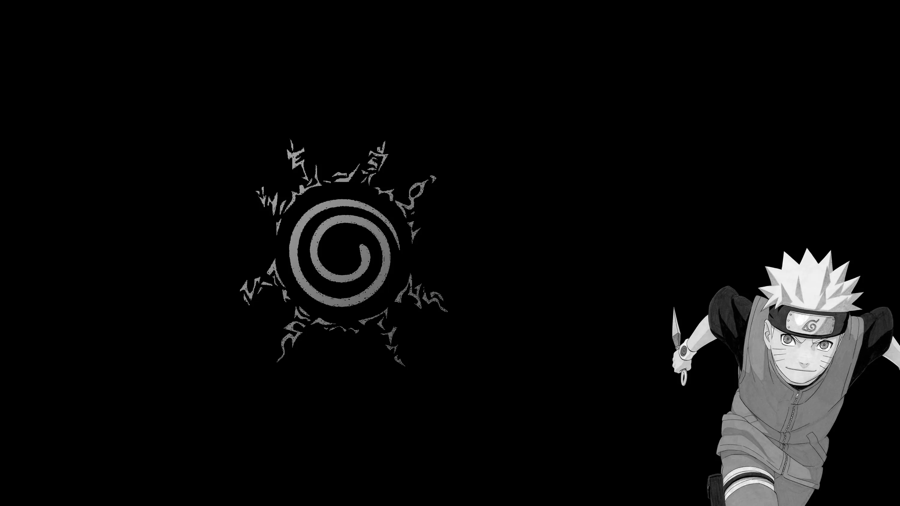The spiral seal glows faintly on the left of an otherwise empty black frame, with Naruto lunging in from the far right in sharp monochrome.