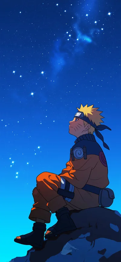 Naruto sits on a dark rock gazing up at a deep blue field of stars — the top two-thirds is open sky, ideal behind lock-screen text.