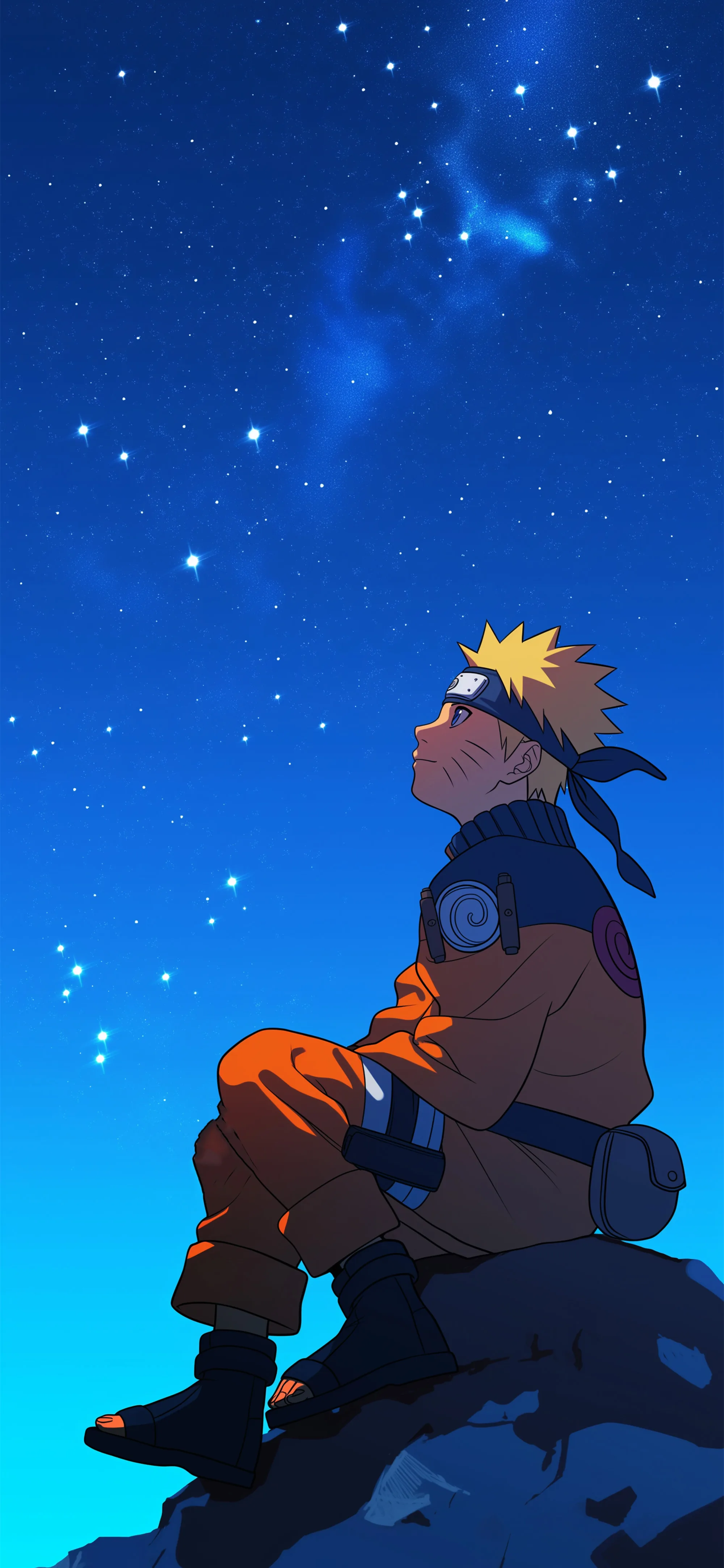 Naruto sits on a dark rock gazing up at a deep blue field of stars — the top two-thirds is open sky, ideal behind lock-screen text.