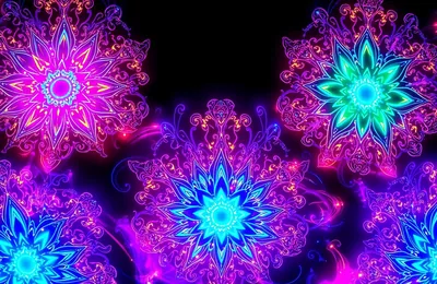 Lace-edged mandala flowers glow in ultraviolet purple, pink and teal, packed edge to edge with the largest bloom sitting low in the centre.