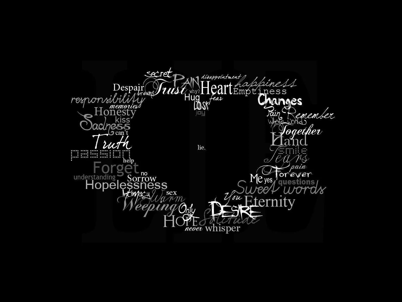 Words like trust, desire and eternity crowd together to form a heart outline in chalky white script, the centre left empty and black.