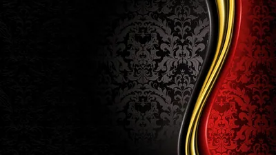 A gold ribbon sweeps down the right third, splitting shadowy black damask from a bright red panel of the same pattern, the left side staying darkest.