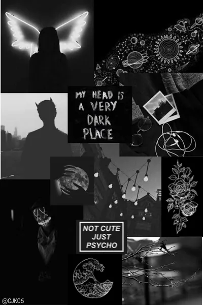 Glowing wings sit top left above a hooded silhouette, hand-lettered 'my head is a very dark place' and a 'not cute just psycho' plaque filling the lower tiles.