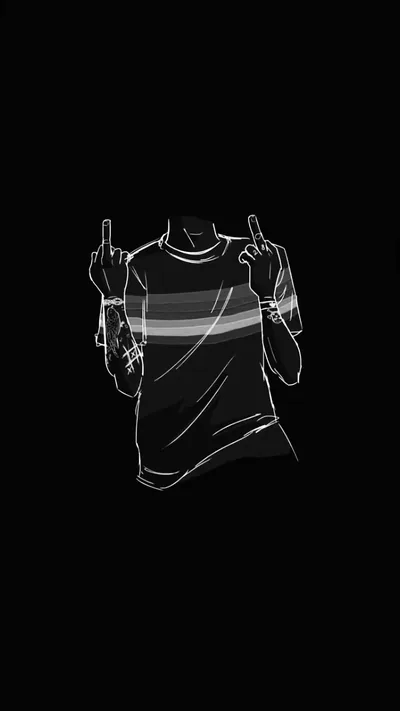 A single thin white outline sketches a boy in a striped t-shirt with both arms up, floating on solid black with no fill.