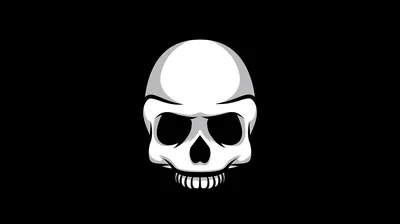 A flat white skull drawn in a few clean shapes sits dead centre on pure black, with a narrow row of teeth and no shading anywhere.