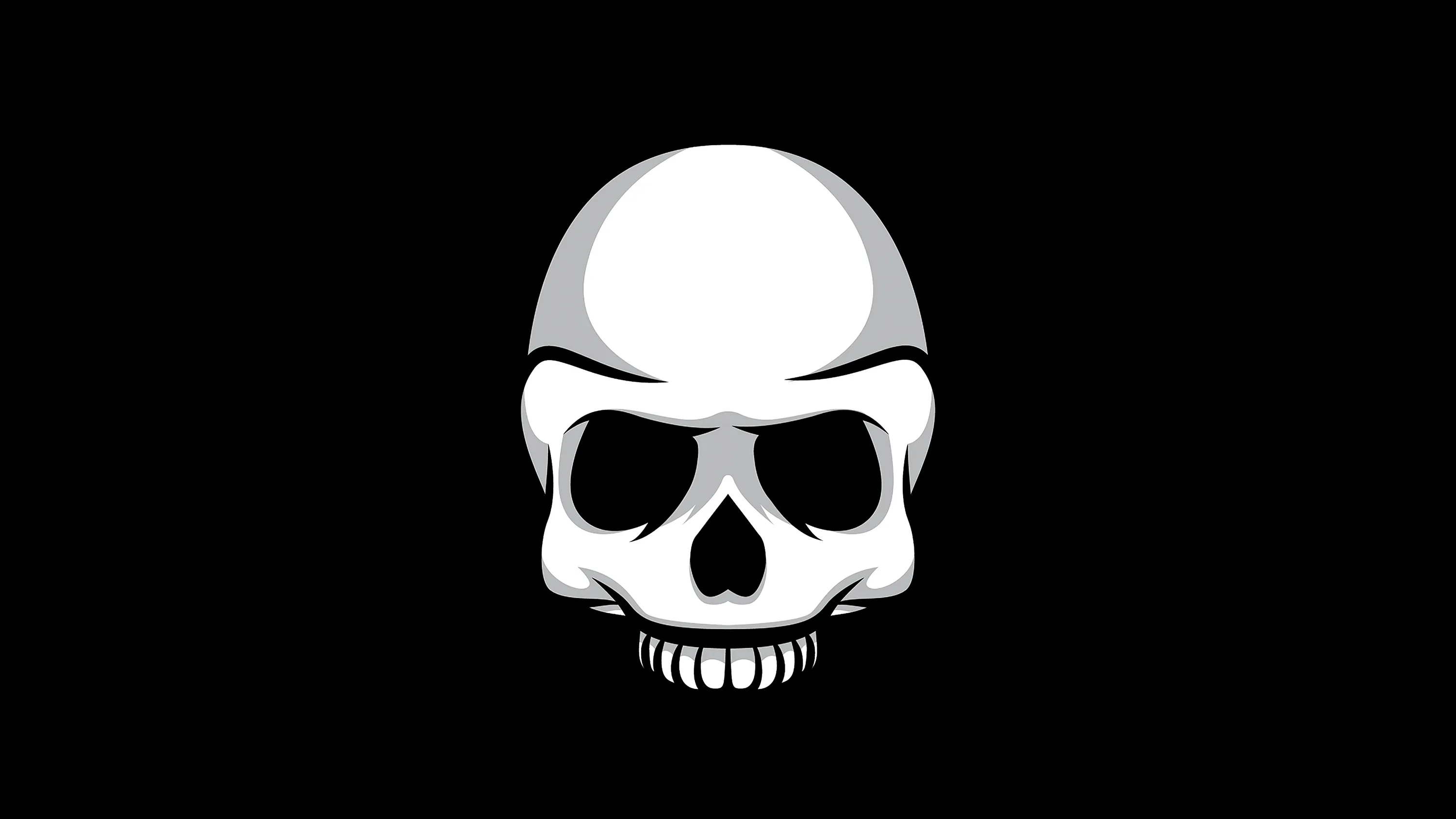 A flat white skull drawn in a few clean shapes sits dead centre on pure black, with a narrow row of teeth and no shading anywhere.