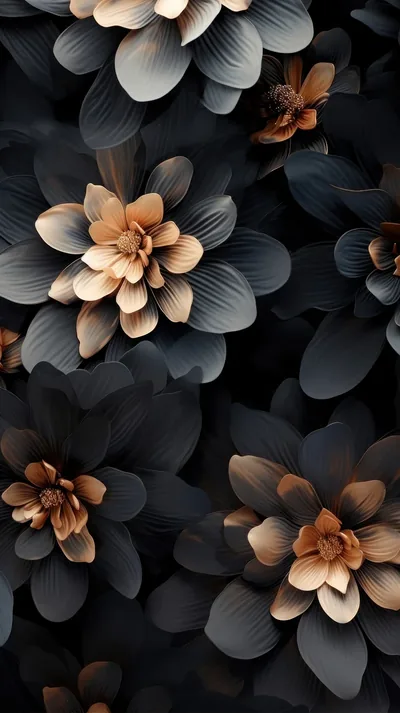 Sculpted dahlias in slate grey open to copper centres, packed edge to edge down a tall frame with shadow pooling between the petals.