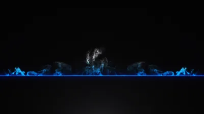 A thin line of blue fire runs the width of the frame, wisps rising from it into total darkness above.