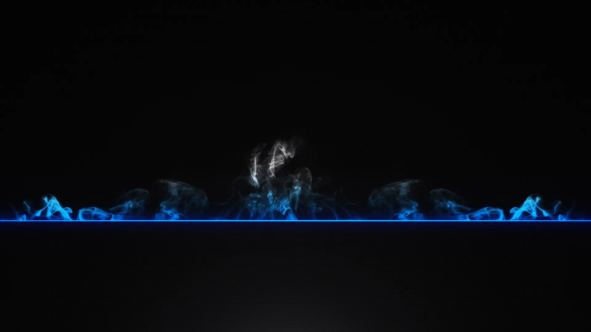 A thin line of blue fire runs the width of the frame, wisps rising from it into total darkness above.