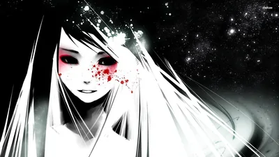 Long white hair spills over the frame and red paint splashes one cheek, stars scattered across the black half of the image.