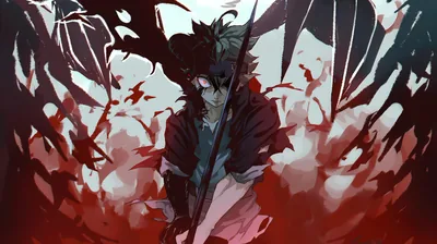 Asta sits hunched with his sword between jagged wine-red shards and wings, the muted palette and dark lower corners suiting a quiet desktop background.