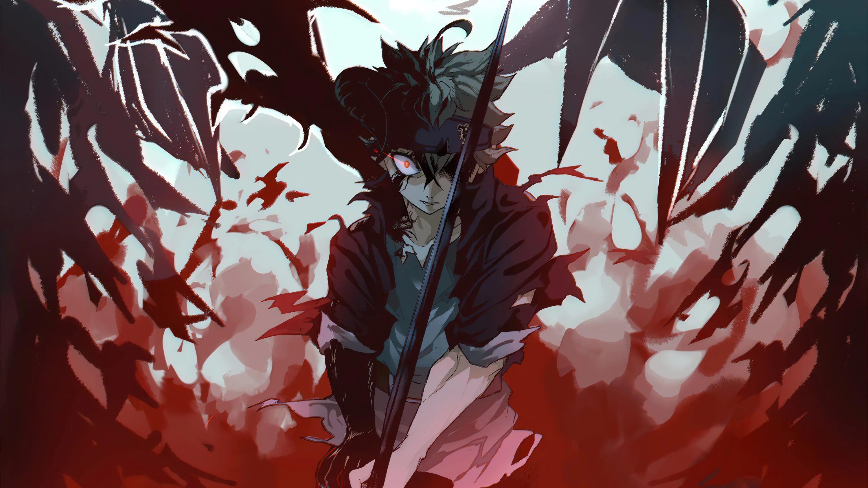 Asta sits hunched with his sword between jagged wine-red shards and wings, the muted palette and dark lower corners suiting a quiet desktop background.
