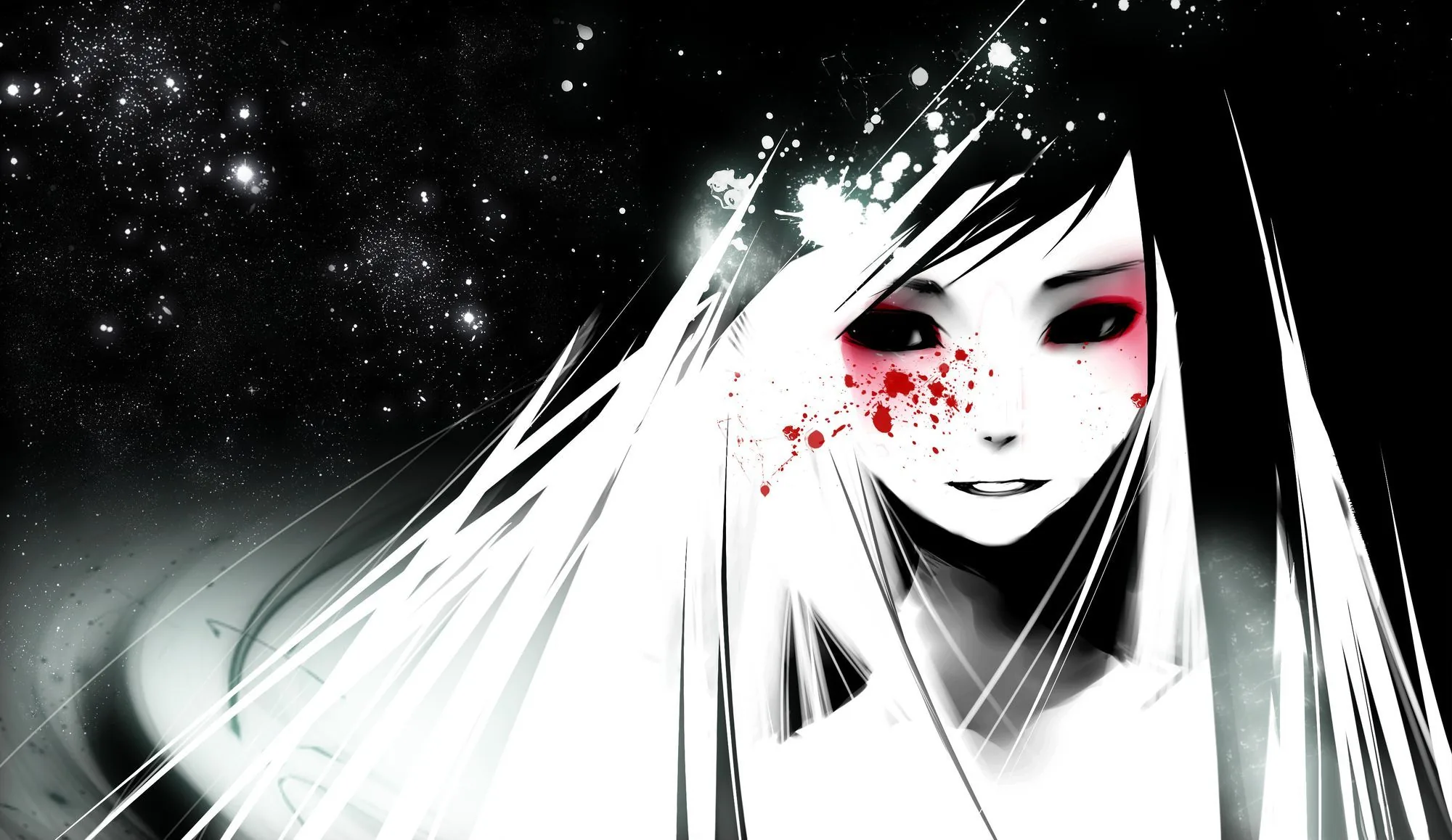 Long white hair fans across a black field, red flecks scattered over one cheek and a faint spray of stars in the upper left corner.