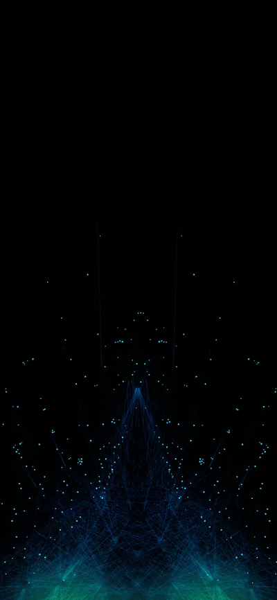 A triangular structure built from glowing blue dots rises from the bottom edge, particles drifting up into an empty black sky.