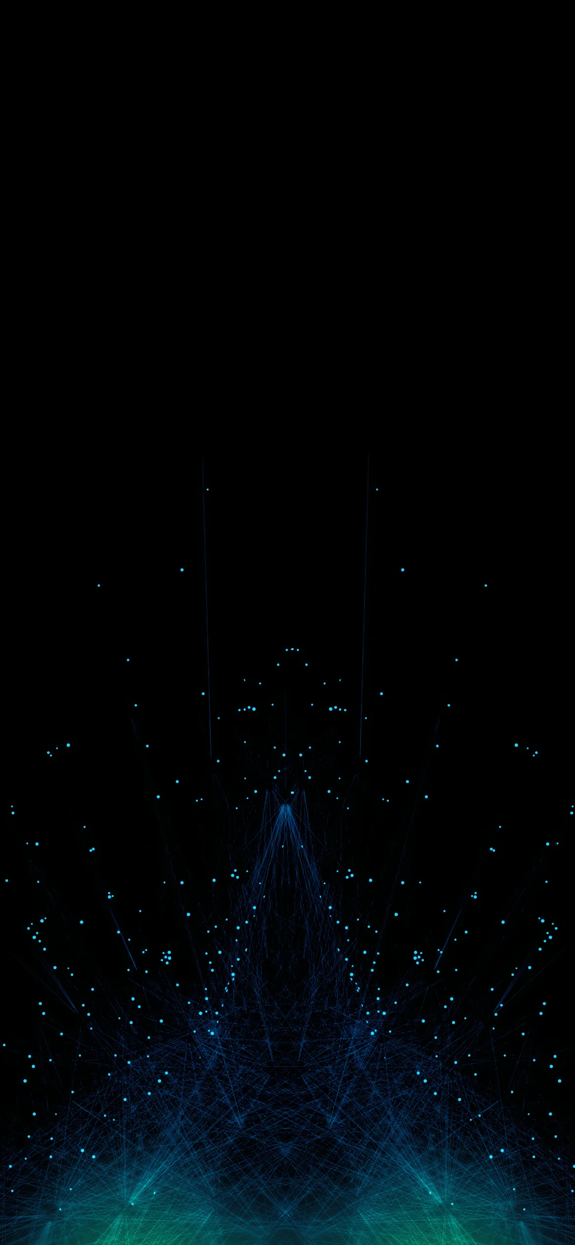 A triangular structure built from glowing blue dots rises from the bottom edge, particles drifting up into an empty black sky.