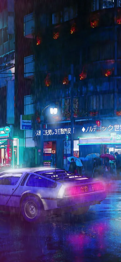 A gullwing sports car sits under blue rain outside shuttered shops, red lanterns dotting the balconies above, most light pooling in the lower half.