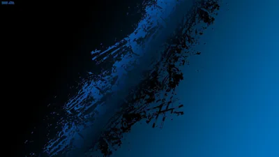 A smooth blue gradient runs across the frame, split by a diagonal band of eroded black flecks that scatter toward the top left.
