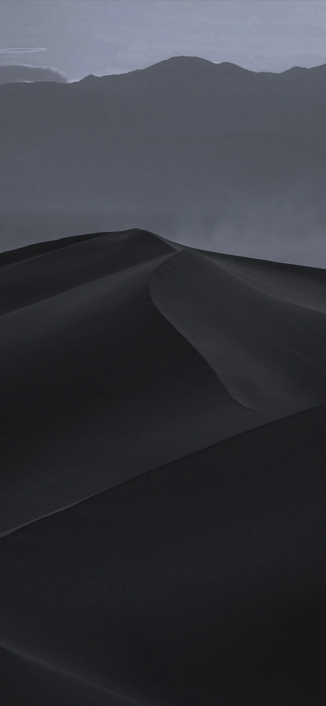 Black dunes ripple toward distant grey hills under an overcast sky, the ridgelines the only thing separating one dune from the next.