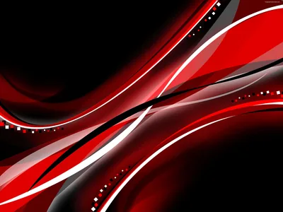 Glossy red and white ribbons sweep across the frame in an S curve, small white squares scattered along the lower band like beads.