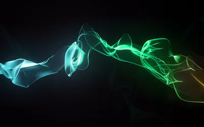 A ribbon of glowing smoke shifts from blue to green as it drifts across a black background.