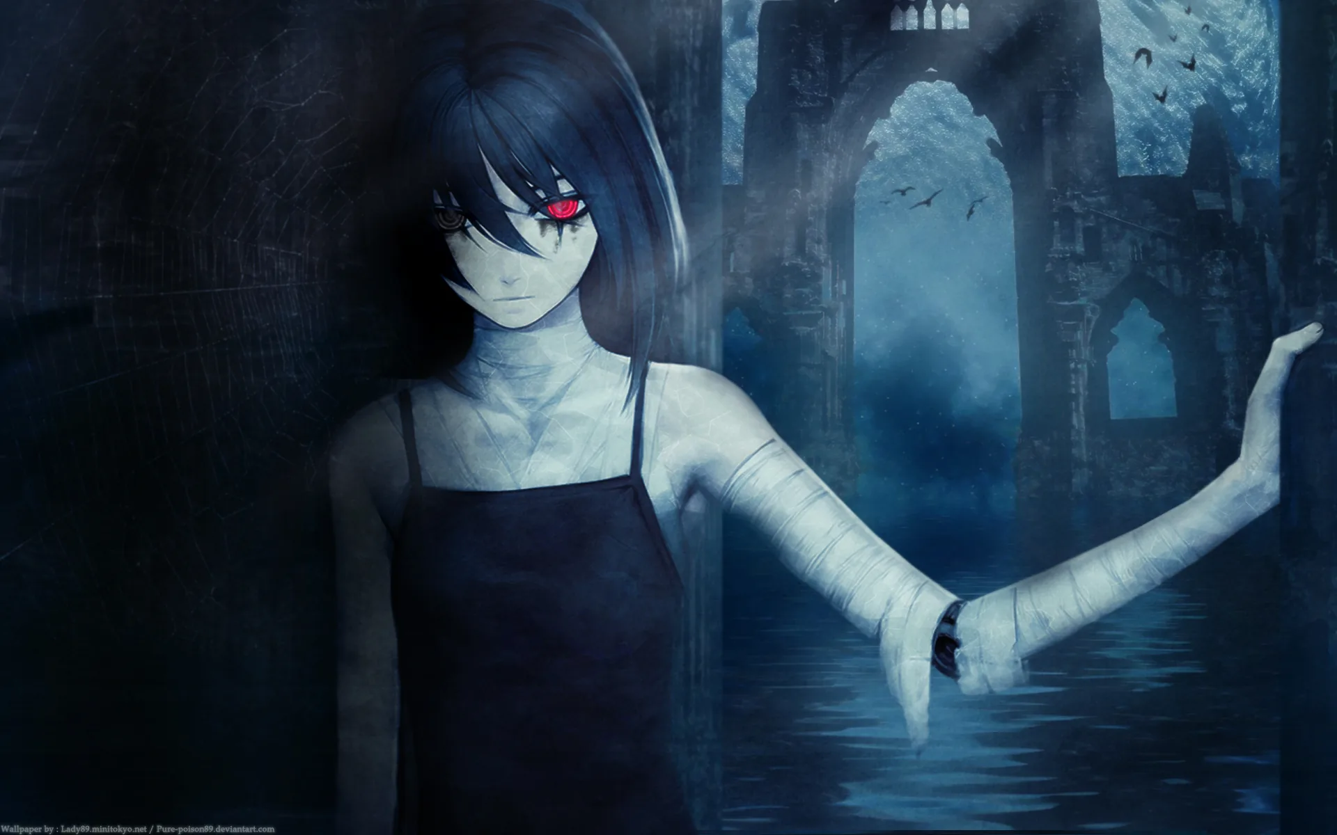 One red eye shows through her fringe as she reaches out a bandaged arm, the broken arches behind her fading into cold blue mist.