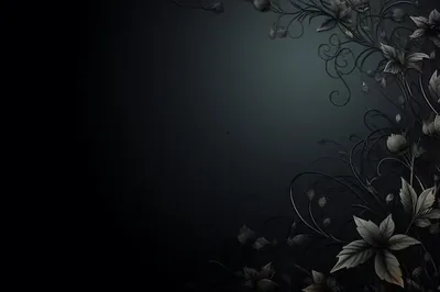 Silver-grey flowers and vines climb the right edge of the frame against a black ground with a cool teal haze behind them.