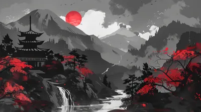 Grey ink mountains stack behind a pagoda silhouette on the left while a waterfall feeds the river, red foliage anchoring both lower corners under a red sun.