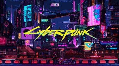 The pink game logo hangs across a pixel-drawn block of teal shops and wires while a biker idles below, colours flat enough to hide icon grids.