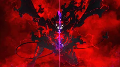 A black silhouette with curved horns stands inside boiling red cloud, a thin violet light running down its centre and tendrils whipping outward.