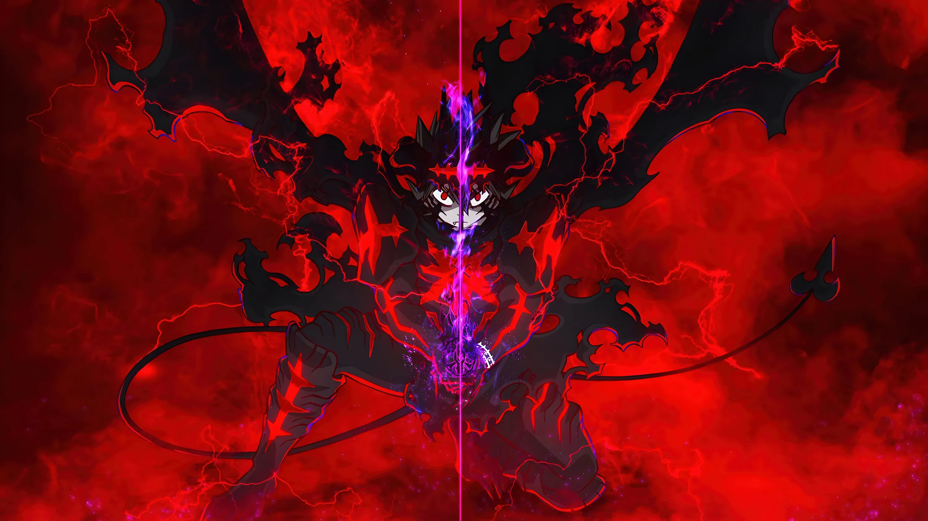 A black silhouette with curved horns stands inside boiling red cloud, a thin violet light running down its centre and tendrils whipping outward.