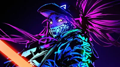 K/DA Akali grins through a glowing jaw mask under a backwards cap, magenta ponytail flying, a lit baton crossing the lower left corner in ultraviolet colours.