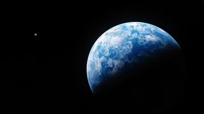 Only the sunlit half of the cloud-marbled planet shows against solid black, a single star point at far left leaving the rest of the frame empty.